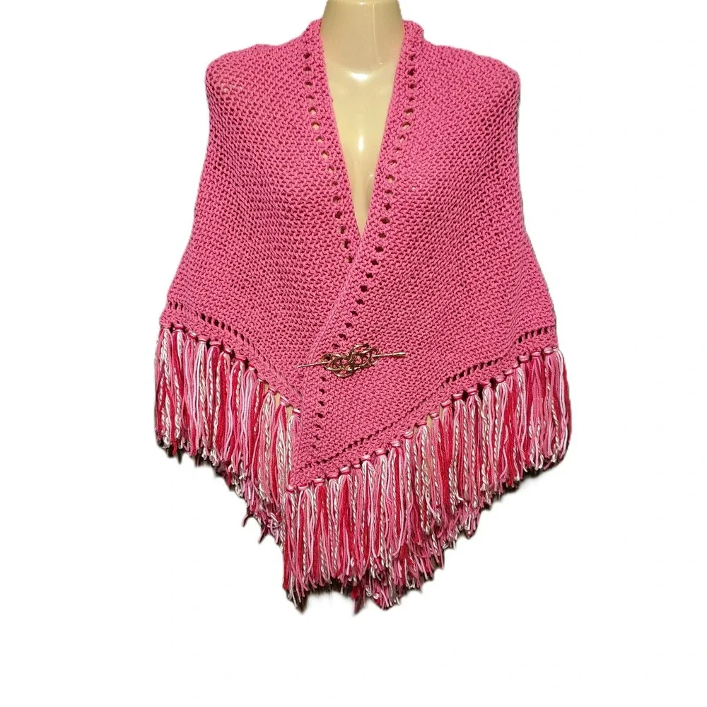 NEW Pink Hand Knitted Shawl Wrap Boho Fringe Cottage‎ Coquette Soft Girl Fairy